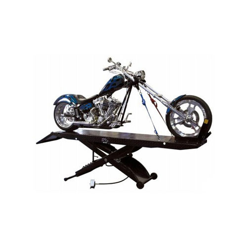 Blue custom chopper motorcycle on a raised Weaver Pro-1000 Droptail CE lift with a long black deck and foot pedal control.