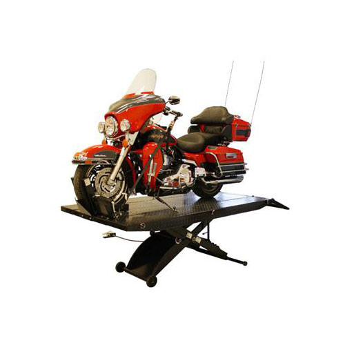 Red Harley-Davidson touring motorcycle resting on a raised Weaver Pro-1000 Droptail XLT low-profile lift with a black diamond-plate deck.