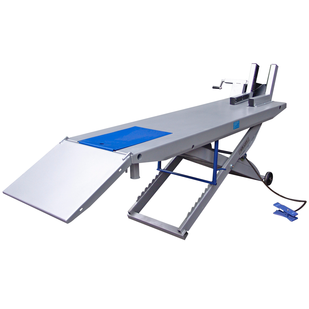 Weaver TX-1000 motorcycle lift with a gray deck, blue accents, front wheel vise, fold-out loading ramp, and built-in transport wheels.