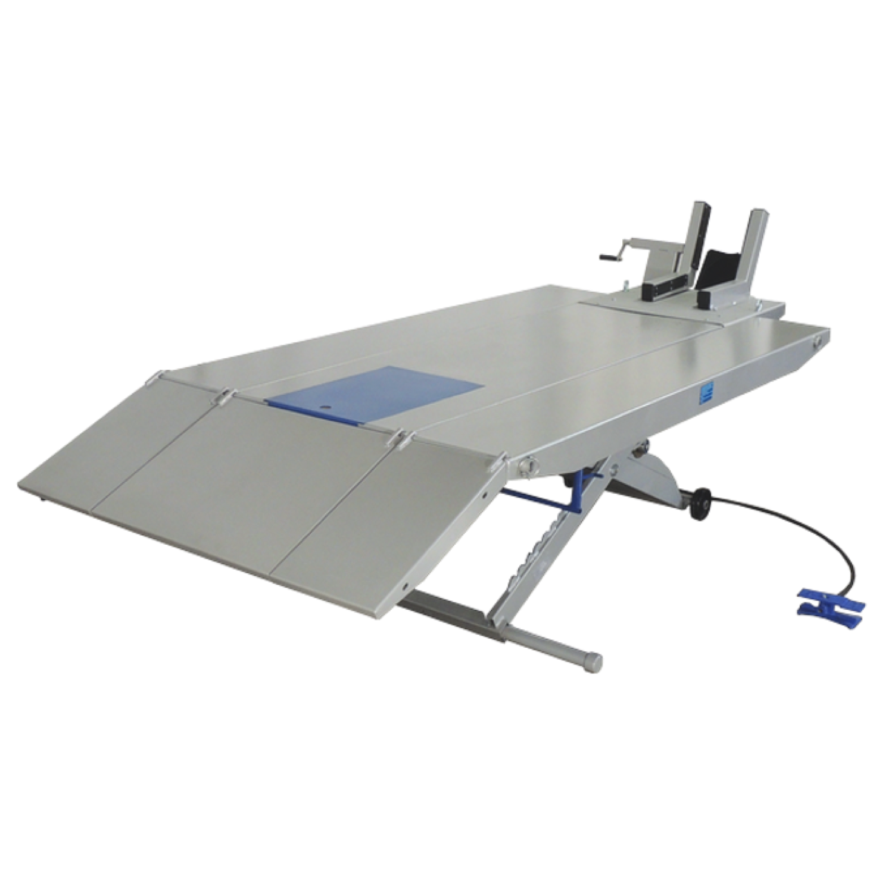 Weaver TX-1000-XLT aluminum motorcycle lift with a silver deck, hand-crank front wheel vise, side-mounted loading ramp, and air control pedal.