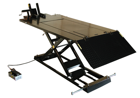 Weaver W-1500 Hi-Rise motorcycle lift table raised on a black scissor mechanism, with a diamond-plate deck, fold-down rear ramp, and air-operated foot pedal control.