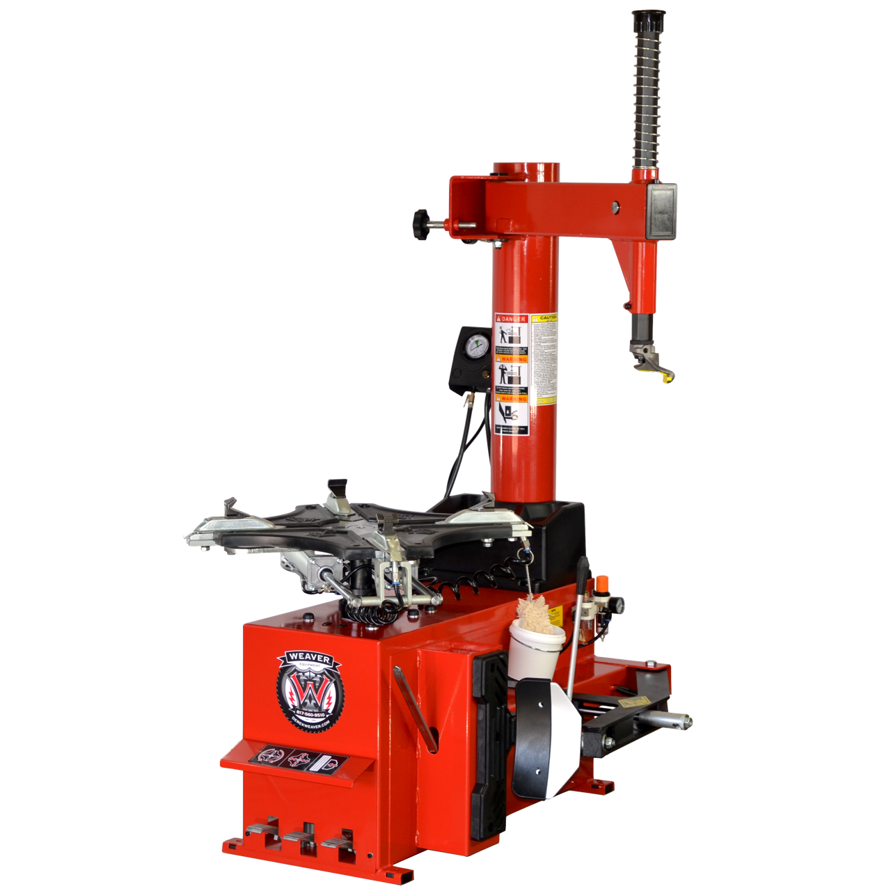 Weaver W-894XP tire changer Weaver W-894XP tire changer, a red swing-arm wheel service machine with a vertical tower, mount/demount head, turntable clamps, and side-mounted bead breaker, shown at a three-quarter angle.