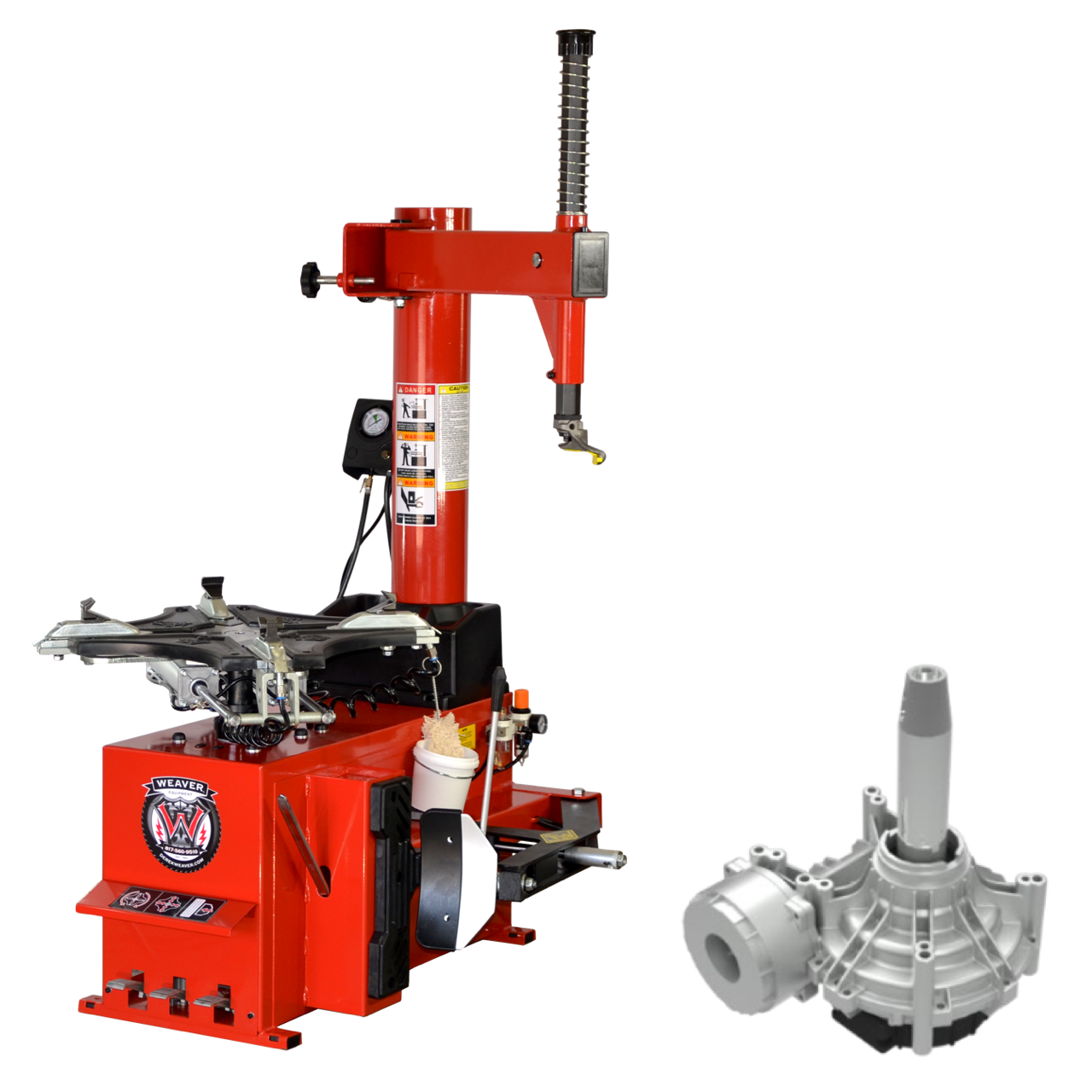 Weaver W-8940-VSCT variable speed tire changer Weaver W-8940-VSCT variable speed tire changer in red with swing-arm tower and mount/demount head, shown beside an inset of its variable speed gearbox drive unit.